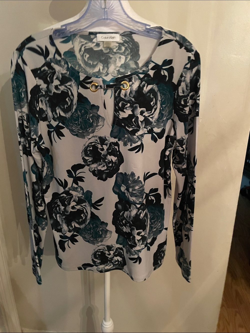 Calvin Klein White Long Sleeve Floral Top with Teal & Black Print